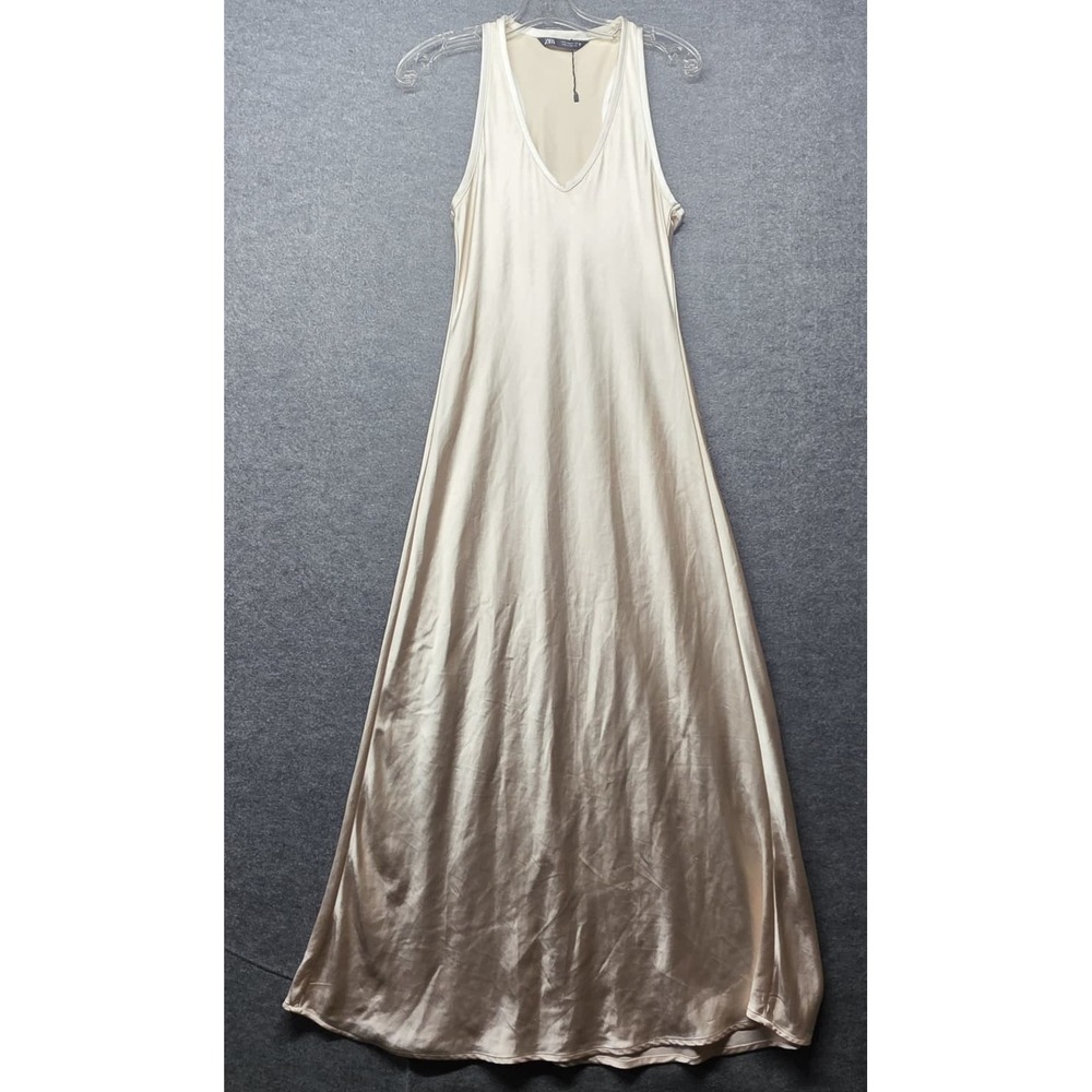 ZARA Women's Cream Ivory Maxi Dress Size M Sleeveless V Neck Long A-Line Minimal